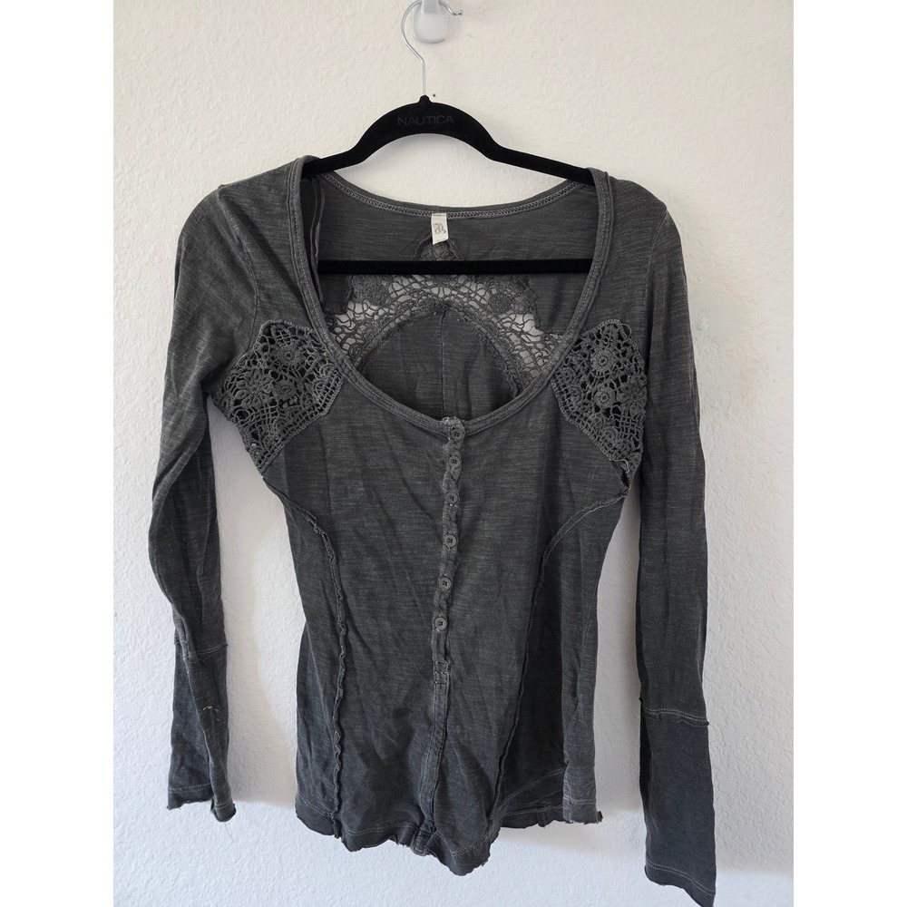 Free People Charcoal Gray Crochet Lace Back Button Front Long Sleeve Top XS